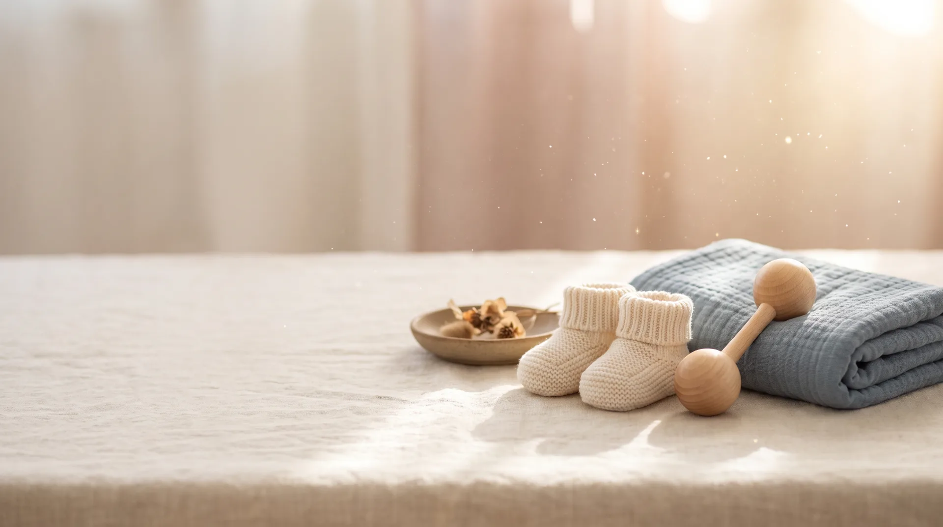 Chaussons en maille crème, hochet en bois et lange bleu doux posés sur du lin, dans une lumière dorée