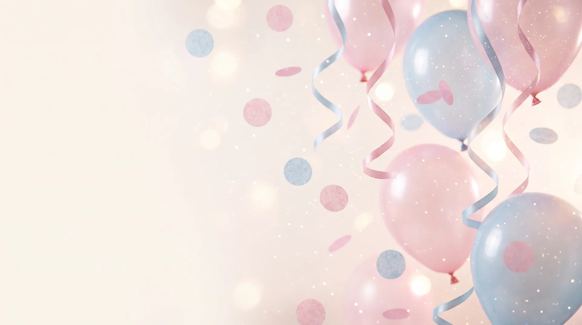 Ballons et confettis pastel roses et bleus flottant dans une lumière douce